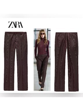 Zara Pants Womens Medium Moire Effect ZW Collection Burgundy Flat Front NWOT
